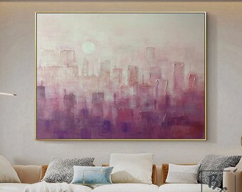 Purple City painting,Painting on canvas,Large oil Original Abstract painting,Sunshine Painting,City Skyline Painting,NYC Texture Painting