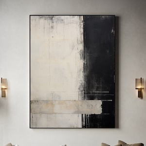 Schwarzes abstraktes Bild, beiges abstraktes Ölbild, minimalistische abstrakte Kunst, Sofa Wandbild, minimalistische abstrakte Kunst, Büro Dekoration Kunst