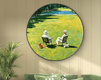 Round Park Landscape Oil Painting, Couple With Two Dogs Lakeside Lawn Wall Art, Vintage Summer Garden Decor,Green Abstract Handmade Art Gift