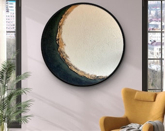 Modern Abstract Wall Art, Original Textured Oil Painting, Beige Gold Minimalist Canvas Art, Luxury Living Room Decor,Handmade Circle Artwork