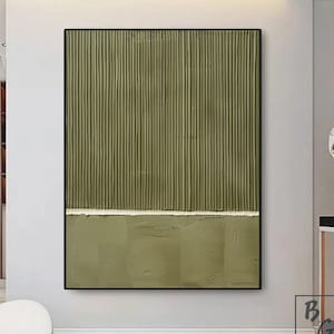 May include: Abstract painting with a green and white color scheme. The painting is made up of vertical lines and a horizontal line. The painting is framed in black.