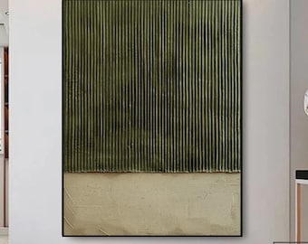 Groot groen abstract schilderij, groene textuurkunst, kunst aan de lichtgroene muur, kunst aan de muur bank, origineel abstract schilderij, beige moderne minimalistische kunst