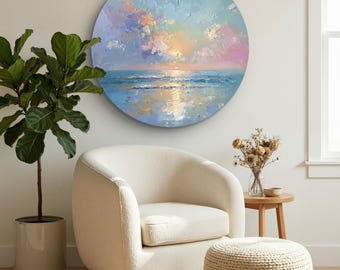 Round Pastel Seascape Oil Painting,Impressionist Sunset Ocean Wall Art,Soft Coastal Home Decor,Handmade Art Gift,knife painting decoration