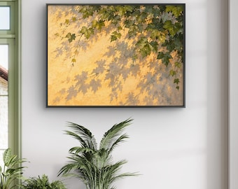 Botanical Oil Painting,Sunlit Leaves Wall Art,Textured Nature Painting,Warm Beige Wall Botanical Leaves Art,Handmade Canvas Wall Art