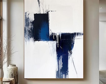 Blue Minimalist Decor,White Abstract Oil Painting,Gallery Standards,Sofa Wall Art,Original Canvas Wall Art,Modern Art,Handmade High-End Art