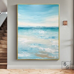 White waves painting,Original canvas oil painting,Blue ocean abstract painting,textured ocean oil painting art,living room wall art painting