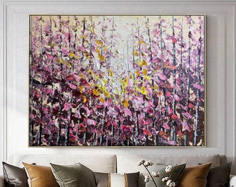 purple abstract painting,gold Knife painting,Large abstract painting,Original Texture,Pink Oil Paintings on Canvas,Tree abstraction painting