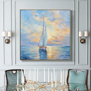 Gold sunset ocean abstract painting,Blue Ocean Painting Art,Canvas Abstract Wall Art,sailboat abstract art,Sunset ocean painting Wall Art