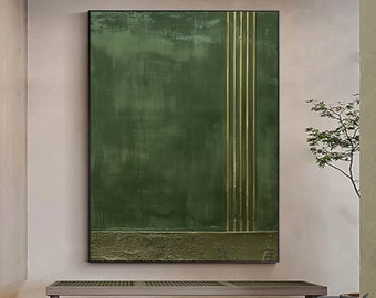 Pintura de textura verde, pintura abstracta verde, arte minimalista moderno, pintura abstracta dorada original, arte de pared bohemio verde mate, arte de pared para sofá