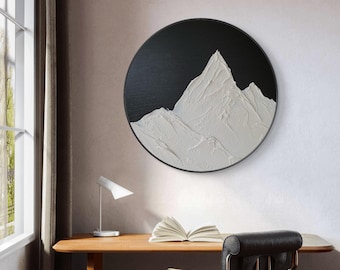 Minimalist Black Sky Mountain Wall Art,Round Textured White Snow Mountain Oil Painting, Neutral Wabi Sabi Landscape Decor,Handmade Art Gift