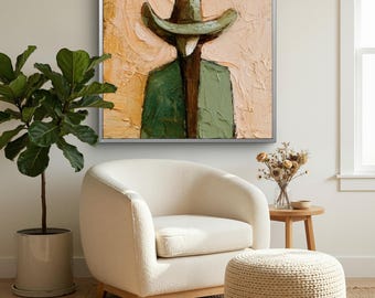 Abstract Cowboy Portrait Oil Painting,3D Textured Western Figure Wall Art,Neutral Rustic Home Decor,Handmade Art Gift,Modern wall decoration