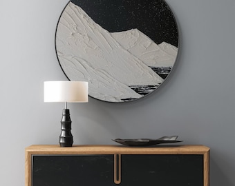 Round Textured White Snow Mountain Oil Painting, Minimalist Black Sky Mountain Wall Art, Neutral Wabi Sabi Landscape Decor,Handmade Art Gift
