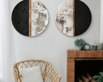 Modern Abstract Wall Art,Original Textured Painting,Black White Gold Minimalist Canvas Art,Living Room Decor,Price includes two paintings
