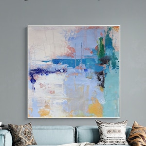 Large Blue abstract painting,Green Paintings on Canvas,Beige Modern hand painting,Textured original abstract painting,Blue abstract painting