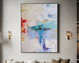 Blue abstract painting,Beige red green painting,Textured original abstract painting,Living room wall art painting,Sofa wall art oil painting