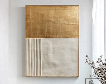 May include: Abstract art print featuring a gold and white colour scheme. The top half of the print is gold with a textured surface. The bottom half is white with vertical lines.