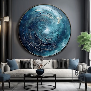Pintura abstracta azul, Pinturas abstractas circulares sobre lienzo, Arte abstracto de vórtices, Pintura para pared de sofá, Pintura decorativa para chimenea, Arte de olas marinas