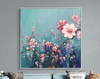 Blue Plum blossom, Blue original art Peach blossom flowers oil Abstract Flower Oil Painting,3D Textured oil painting, Pink flowers Painting