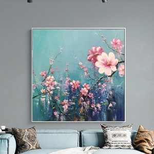 Blue Plum blossom, Blue original art Peach blossom flowers oil Abstract Flower Oil Painting,3D Textured oil painting, Pink flowers Painting