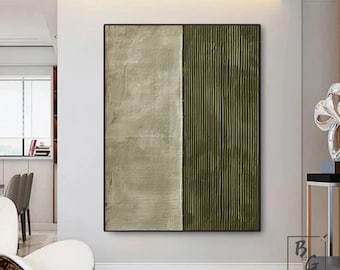 Groene textuur kunst, grote groene abstracte schilderkunst, kunst aan de lichtgroene muur, grote beige moderne minimalistische kunst, kunst aan de muur sofa, de botsing van kunst