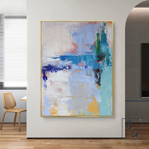 Blue Art Beige abstrakte Malerei, Rosa abstrakte Malerei auf Leinwand, Farbverlauf Ölgemälde, Strukturiertes Originalgemälde, Sofa Wand Kunst Gemälde