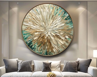 Pintura al óleo abstracta dorada, pinturas abstractas verdes sobre lienzo, arte abstracto beige, pintura abstracta circular, pinturas hechas a mano de alta calidad