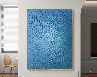 Blue Knife painting,Blue gradient abstract painting,Large 3D Texture Paintings on Canvas,petal painting,Vortex texture,Sofa wall art
