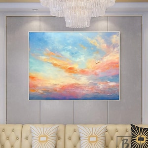 Rosy clouds,Blue Sky abstract painting,Pink sky,texture knife painting,living room decoration painting,Wall canvas painting,sofa wall art