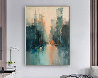 Blue Modern City painting,Urban Abstract Painting,Beige City abstract painting,paintings on canvas,Abstract Art Future City,Urban Wall Art