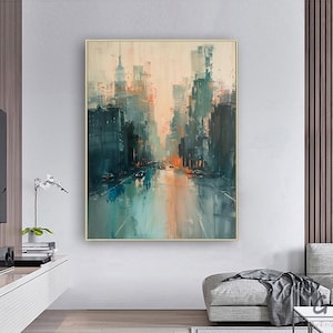 Blue Modern City painting,Urban Abstract Painting,Beige City abstract painting,paintings on canvas,Abstract Art Future City,Urban Wall Art