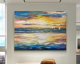 Blue Ocean,Ocean painting,Large abstract painting,Gold Sunshine Sea Painting,Original canvas painting,Sea wave Texture,Sunset ocean painting