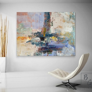 Large Beige abstract painting,Blue Textured original painting,Orange Modern oil painting,paintings on canvas,Minimalist abstract painting