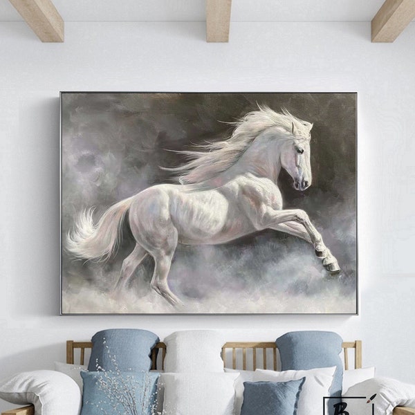 Pinturas de caballos grises, Caballo de pintura original, Calidad de galería, Pintura abstracta de animales grandes, caballo sobre lienzo, Pintura de caballos de pared de sala de estar