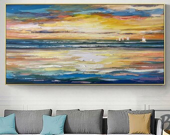 Gold Sea Painting,Blue Ocean painting,orange Large abstract painting,Original canvas painting,Sea wave Texture art,Sunset Landscape painting