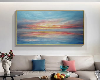 Ocean abstract painting,Large abstract painting,Pink sunset sea view,Blue Sea Painting,Sofa wall art painting,Gold sky Sunset ocean painting