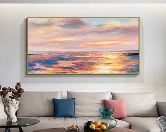 Peinture abstraite océan or, grande peinture abstraite, coucher de soleil vue mer, peinture mer bleue, peinture art mural canapé, ciel or coucher de soleil océan peinture