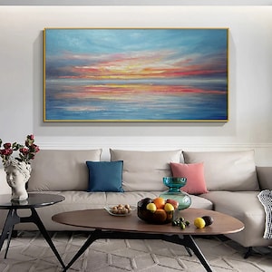 Ocean abstract painting,Large abstract painting,Pink sunset sea view,Blue Sea Painting,Sofa wall art painting,Gold sky Sunset ocean painting
