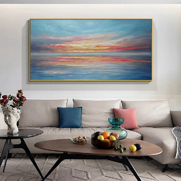 Ocean abstract painting,Large abstract painting,Pink sunset sea view,Blue Sea Painting,Sofa wall art painting,Gold sky Sunset ocean painting