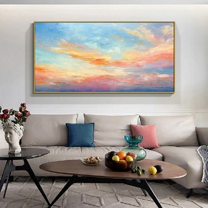 Blue sky abstract painting,Rosy clouds,Pink sky,texture knife painting,living room decoration painting,Wall canvas painting,sofa wall art