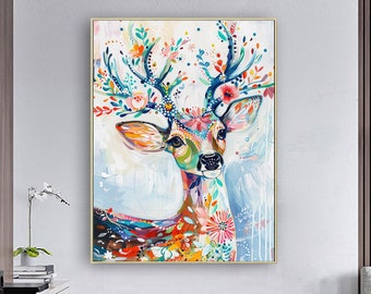Deer abstract painting,Original oil deer painting,painting On Canvas,Animal abstract painting,Sofa wall art,Living room,Fireplace ornaments