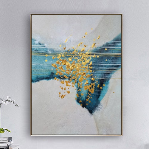 Large Blue abstract painting,Green Paintings on Canvas,gold Modern hand painting,Textured original abstract shops painting,Blue abstract painting