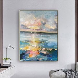 Large Blue Ocean Abstract painting,Ocean painting,Gold Sunshine Sea Painting,Original canvas painting,Sea wave Texture,Sunset ocean painting