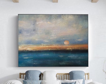 Peaceful ocean abstract painting,Abstract painting,Sunset abstract painting,Oil painting on canvas,Original living room decoration painting