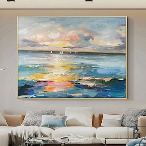 Blue Ocean,Ocean painting,Large abstract painting,Gold Sunshine Sea Painting,Original canvas painting,Sea wave Texture,Sunset ocean painting