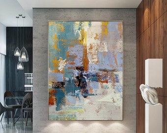 Large Beige abstract painting,Blue Textured original painting,paintings on canvas,Orange Modern oil painting,Minimalist abstract painting