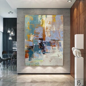 Large Beige abstract painting,Blue Textured original painting,paintings on canvas,Orange Modern oil painting,Minimalist abstract painting