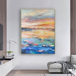 Gold Ocean painting,Blue Ocean,Large abstract painting,Sunshine Sea Painting,Original canvas painting,Sea wave Texture,Sunset ocean painting