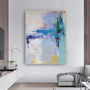 Blue Art Beige abstract painting,Pink abstract Paintings on Canvas,Gradient oil painting,Textured original painting,Sofa wall art painting image 2