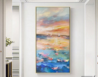 大きな海の絵 金色の地平線の絵 抽象的な夕焼けの絵 青い海の絵 厚い