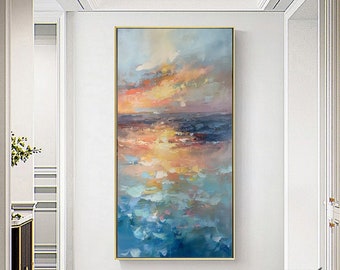 Large Knife painting,Original canvas painting,Abstract painting,Sunset ocean painting,Living room wall art,corridor decoration painting